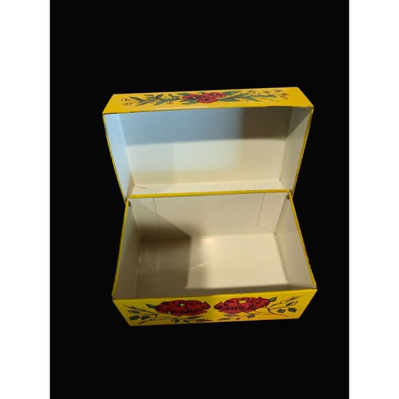 1970s Tin Recipe Box Retro Floral Design yellow red botanical vintage storage - Picture 7 of 9